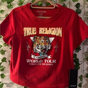 True Religion Red Baby Tee with Tiger Graphic. CROPPED Fitting